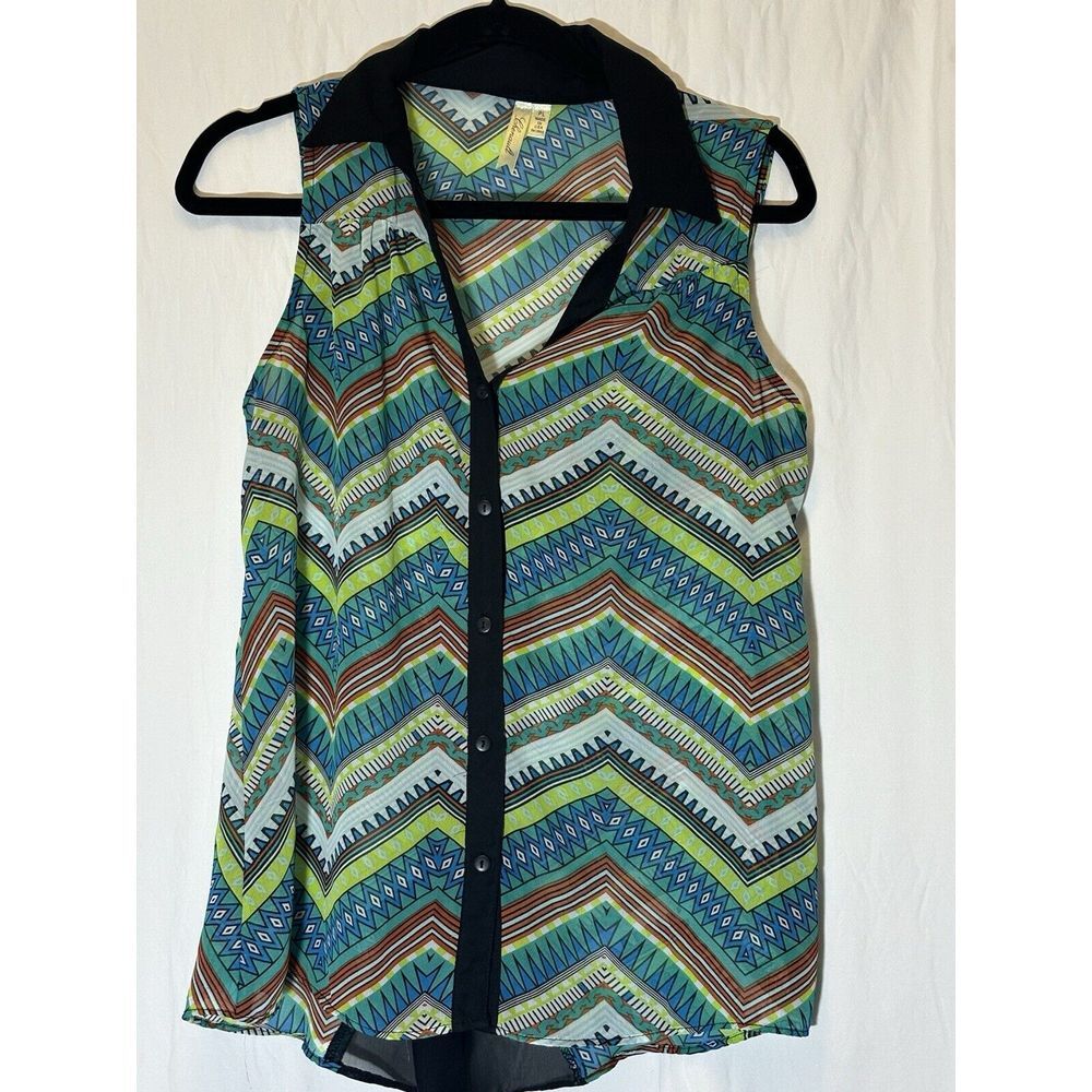 CHENAULT Green Graphic‎ Print Tank Top Petite Large EUC B19